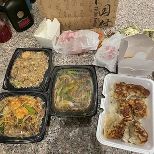 Potstickers, combination lo-mein and fried rice, Mongolian beef. We also got the spring rolls but you can&apos;t really see them in this pic.