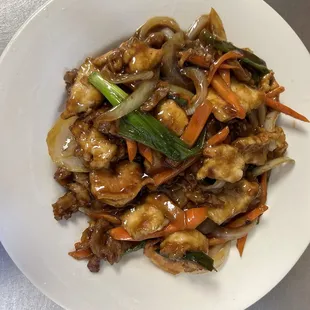 Mongolian Chicken Beef and Shrimp