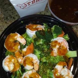 Steam Brown Rice  Steamed Shrimp with Broccoli and Chef&apos;s Special Sauce drizzle