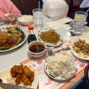 Egg foo, half General Tso, lo mein noodles (plain) and half Mongolian Chicken