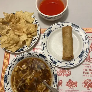 Hot and sour soup, and egg roll.