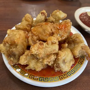 So delicately crispy and delicious. Sweet and sour chicken chunks