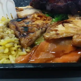 Beancurd n veg lunch special w pork fried rice and chicken sticks well done. great!!