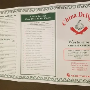 Outside of China Delight's Menu