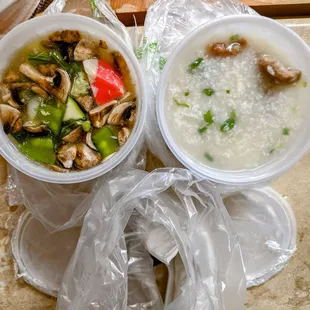 Takeaway: Seafood Tofu Soup and Minced Beef Porridge. Nicely sealed packaging.