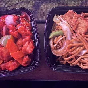 Chicken Chow Mein and Sweet and Sour Pork