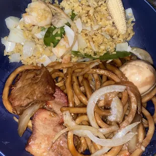 Roast Pork Yat Kaw Mein (YakaMe) I order mine with extra raw onions &amp; soy sauce. My plate also has Shrimp Fried Rice on it :)