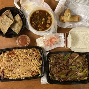 Scallion Pancakes, Hot &amp; Sour Soup, Egg rolls, Pork Pad Thai, Mongolian Beef.