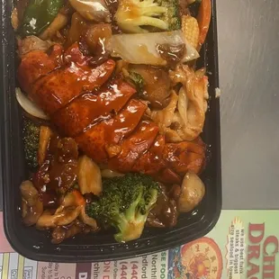 chicken, broccoli, mushrooms, and onions