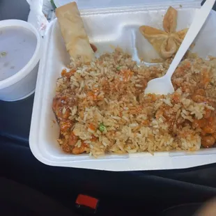 Lunch order of general tso chicken(includes soup,eggroll, &amp; crab rangoon. Little over $8 not bad.