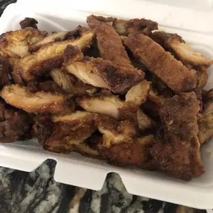 Honey chicken. Dry. Strips of chicken breast?