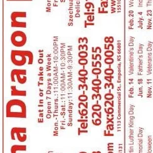 the menu for the chinese restaurant