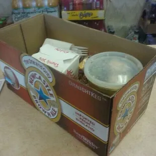 This is how my carry out came packaged.  Lol.  I love it!