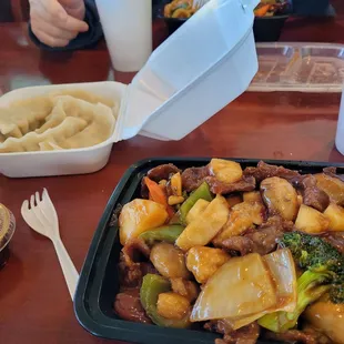 Beef with pineapple, steamed dumplings, schwetwan beef.