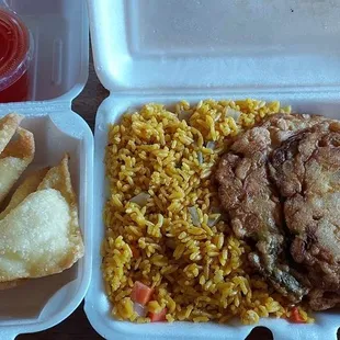 Lunch special chicken Egg Foo Yung  and crab rangoon.