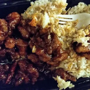 Bourbon chicken with fried rice.