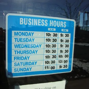 Hours of operation, front door.