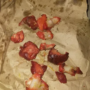 Rib tips fat to look like meat hidden by the red bbq coloring