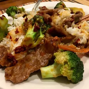 Spicy beef broccoli with steamed jasmine rice.