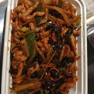 Takeout! Szechuan chicken, comes with a side of rice.
