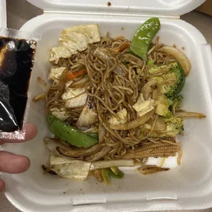Yakisoba (soy sauce packet for scale)