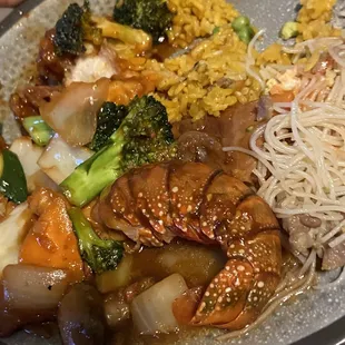 Happy Family, Beef Chow Mei Fun, beef fried rice and Orange Chicken!!