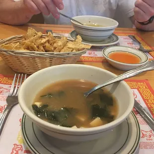 Miso soup and wonton soup. Tasty!