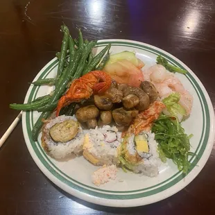 Green beans sushi, cold shrimp salad, seaweed salad, crawfish, kimchi