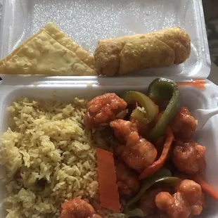Honey Chicken Lunch Special with pork fried rice. Egg roll and crab Rangoon.