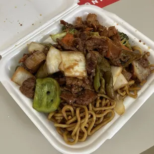 Noodles, pepper steak, and chicken with broccoli.