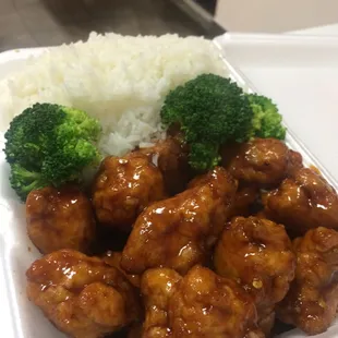 Orange chicken dinner combo with white rice.