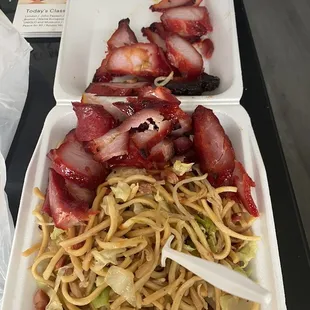Combination Plate with one entree, I chose BBQ Pork (overcooked, dry, smelled bad) and pork chow mein (below average)