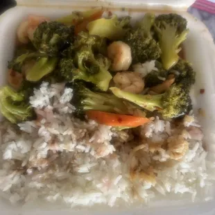 Not the best food. Shrimp and broccoli with white rice.