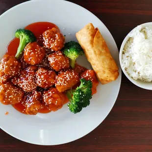 a plate of chinese food and a bowl of rice