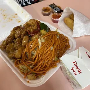 Combo C (3 entre combo with chowmein and fried rice) Kung Po Chicken, orange chicken, teriyaki chicken, Spring Roll (2)