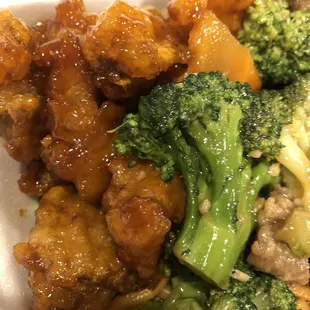 Beef and broccoli and orange chicken. Both good