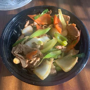 Mongolian Beef - not your traditional Mongolian beef. Has Carrots, Celery, and Green Bell Peppers.