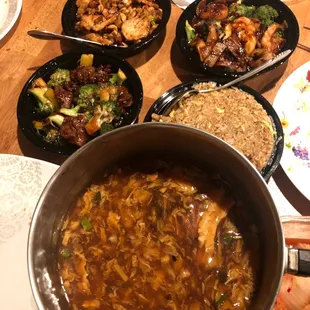Hot and sour soup, Beef with Broccoli, Kung Po Chicken, Shrimp Hunan Style, Fried Rice