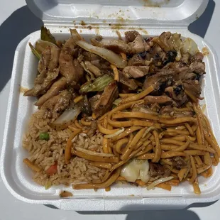 Black pepper chicken with mushrooms and teriyaki chicken fried rice and noodles