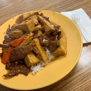 Beef tofu with beef over rice fresh hot.huge portions.