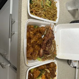 Veggie LoMein, Orange Chicken combo plate and General  Tsao&apos;s chef special.