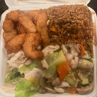 Combo C- sweet and sour chicken, moo goo gai pan, and fried rice