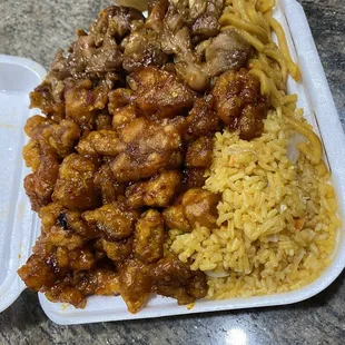 Orange chicken, teriyaki chicken, fried rice, lo mein