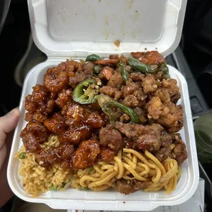 $10.99 2 enter. Orange chicken, jalapeño chicken, half fried rice and half lo mein.   Cheap fast and tasty!