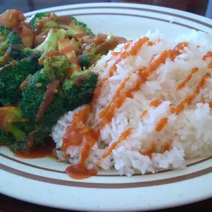 Shrimp and broccoli lunch special loaded with Sriracha.