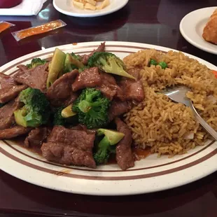 Beef with broccoli and fried rice with hot &amp; sour soup.