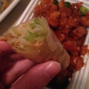 Spring roll (perfectly done and DELICIOUS) with General Tso's chicken.