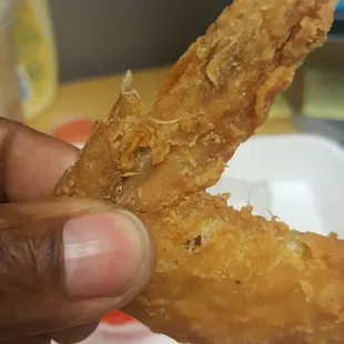 a hand holding a fried food item