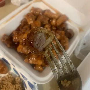 Sweet and sour chicken with dark meat. I&apos;ve personally never had it made with dark meat before.