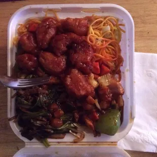 Our combo:  Kung Pao Chicken, Mongolian Beef, and Sweet and Sour Pork.